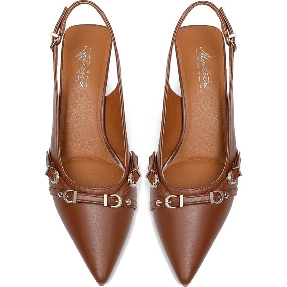 Mostrin Kitten Heel  Brown(03) Faux Leather Low Slingback Heel with Buckle - Picture 3 of 9